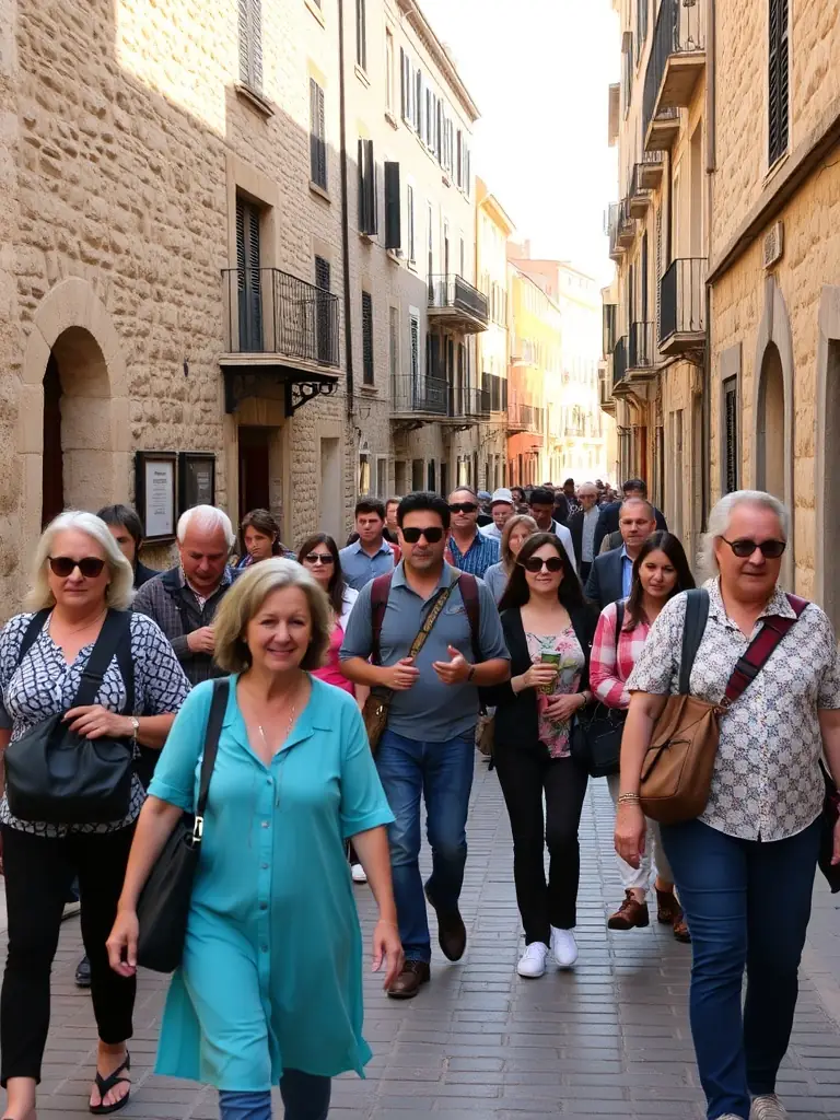 A vibrant photograph capturing a group of tourists on a guided walking tour through the historic streets of Marcolès, led by a local guide, showcasing the town's unique architectural features.
