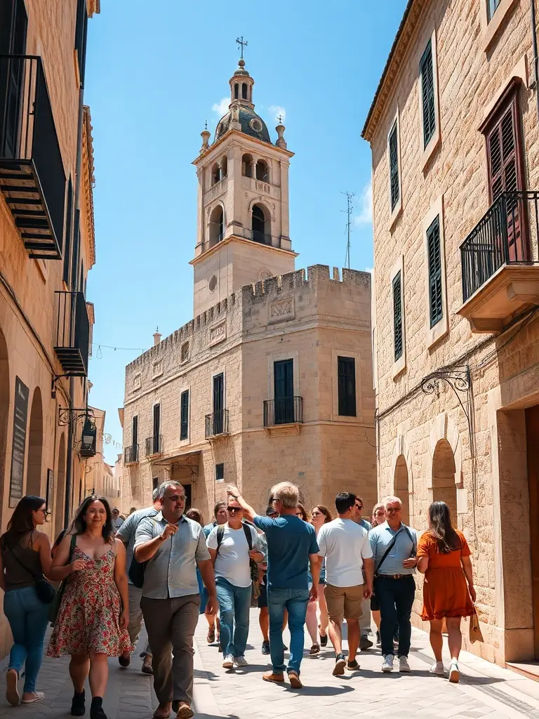 A group of people participating in a guided walking tour of Marcolès, led by a knowledgeable guide.