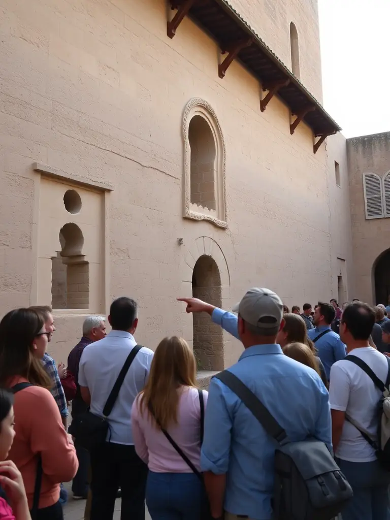 A photograph showcasing a guided tour group in Marcolès, with the guide pointing out architectural details of a historic building, emphasizing the educational aspect of the tours.