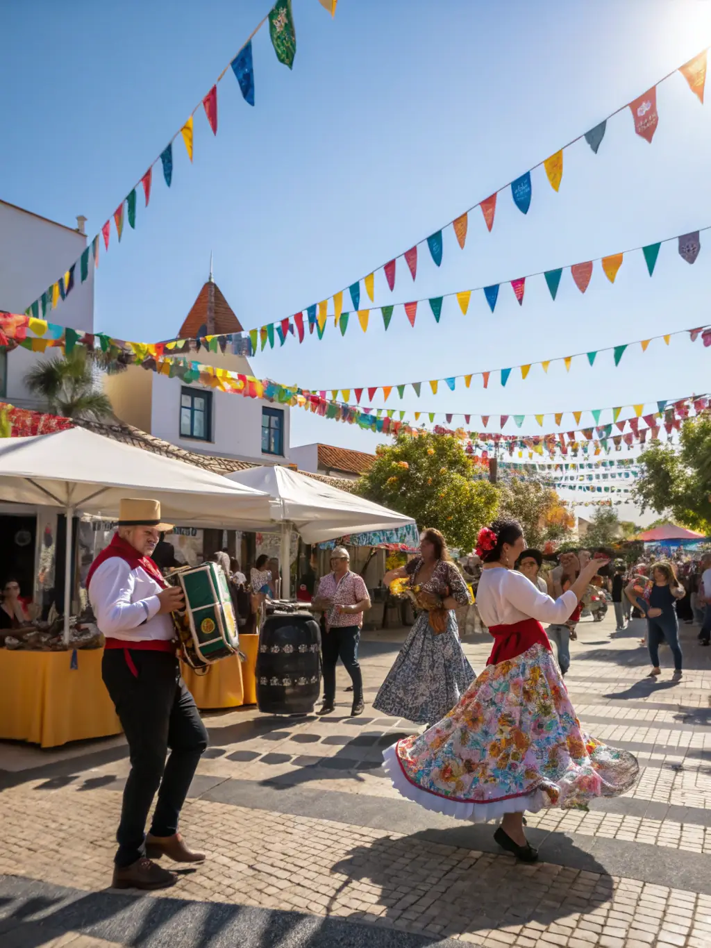 A lively scene from a cultural festival in Marcolès, featuring traditional music, dance, and local cuisine, celebrating the town's vibrant cultural heritage.