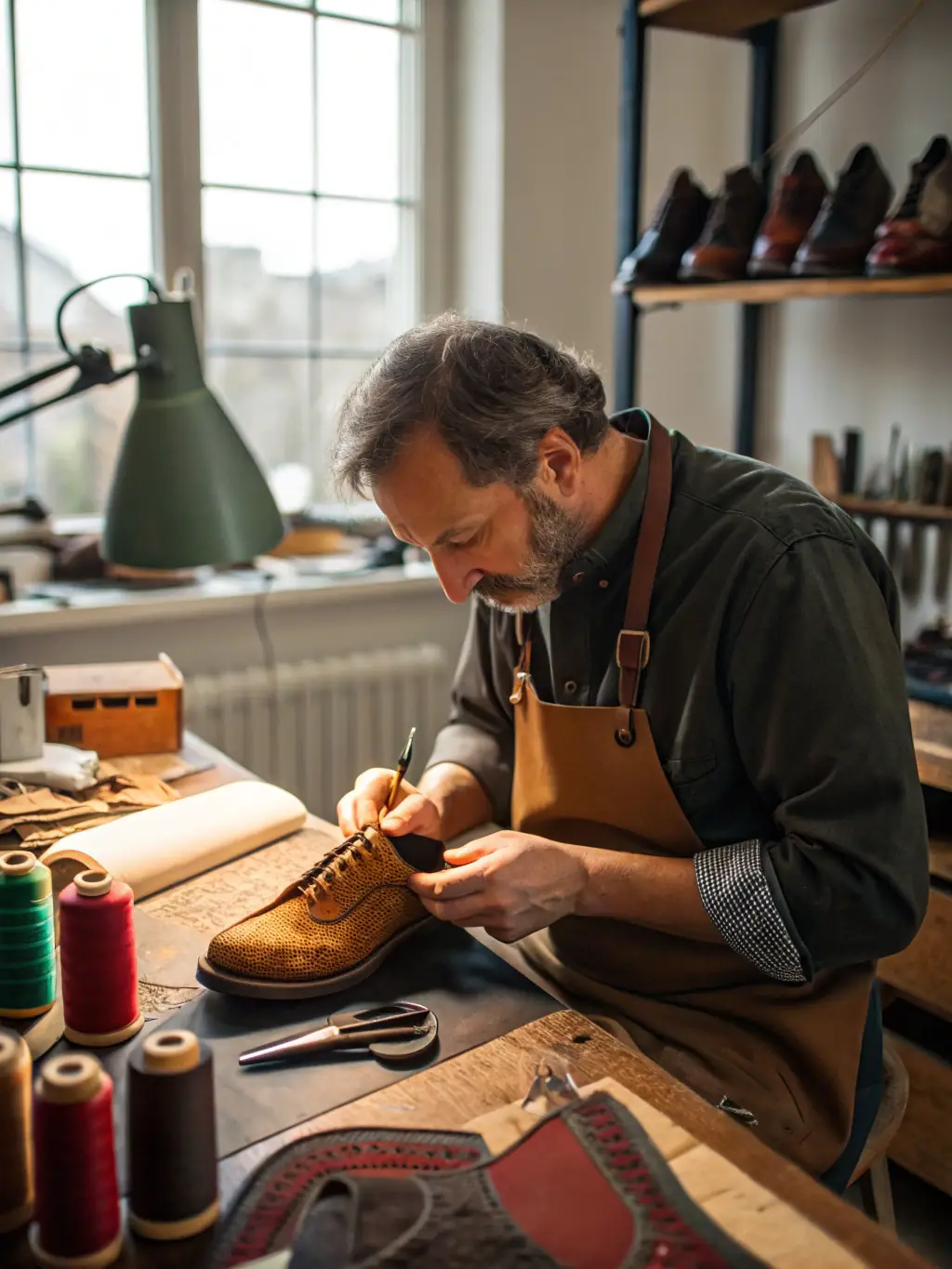 A photograph of a traditional clog (esclop) making workshop in Marcolès, showcasing the artisan at work with traditional tools.