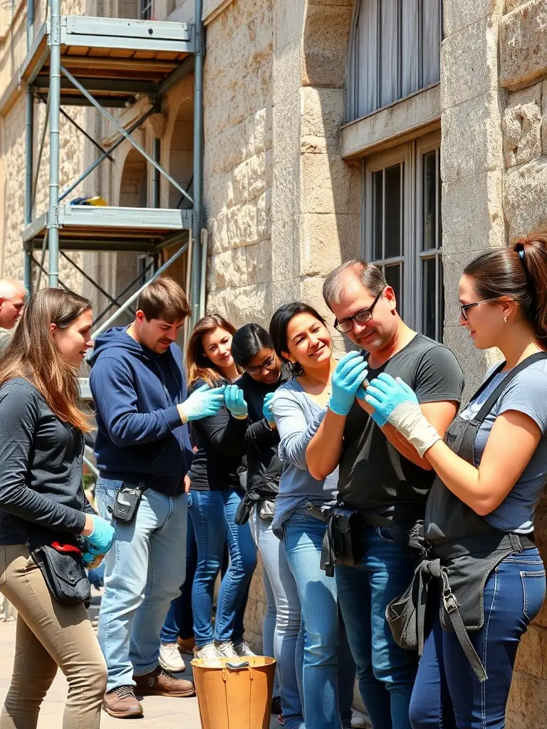 A photograph capturing volunteers actively participating in a heritage restoration project in Marcolès, showcasing teamwork and dedication to preserving local architecture.