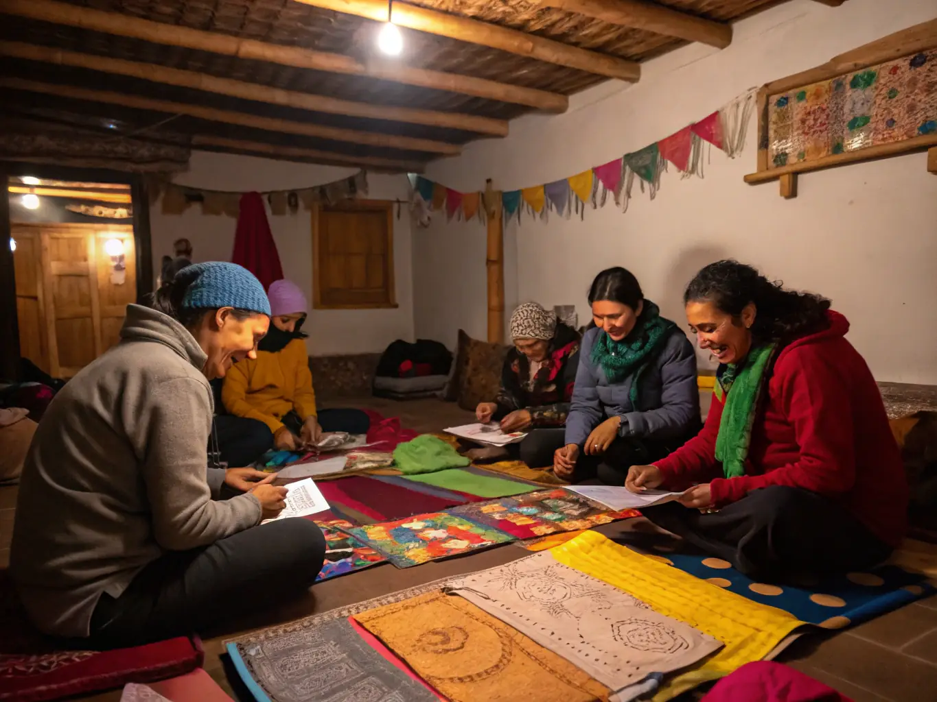 A photograph showcasing participants in a traditional craft workshop, learning from local artisans in Marcolès.