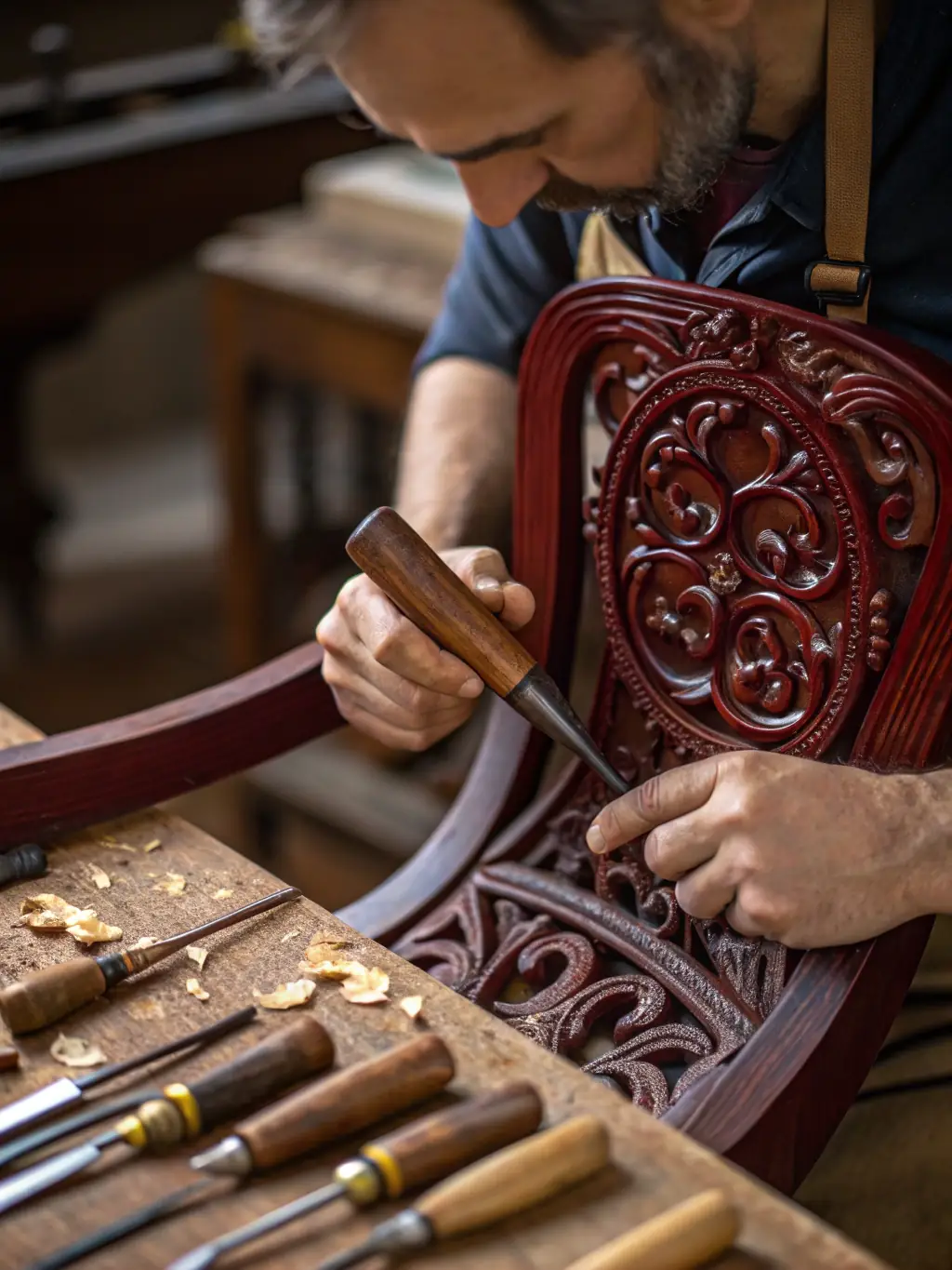 A detailed photograph of a local artisan crafting traditional wooden clogs (sabots), highlighting the artisanal heritage of Marcolès.