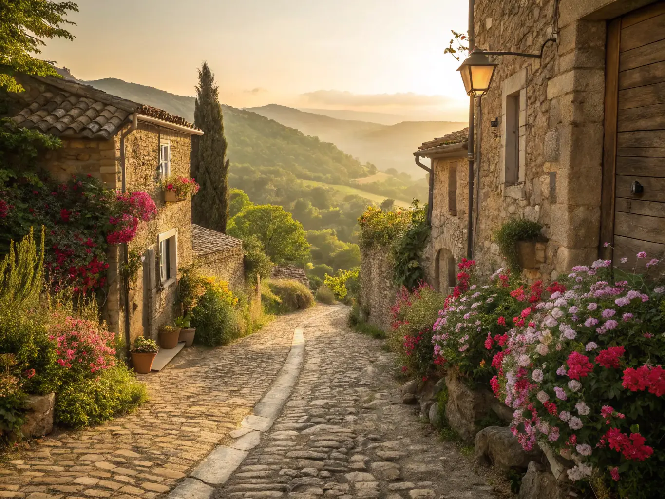A vibrant image of a guided tour through historic streets of Marcolès, with visitors admiring ancient buildings and artisans at work.