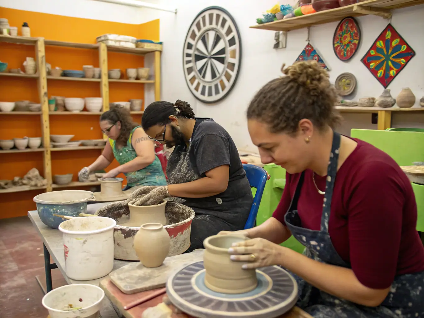 A photograph capturing a traditional craft workshop in Marcolès, where artisans are demonstrating their skills in pottery, weaving, or another local craft. Participants are actively engaged in learning the craft.